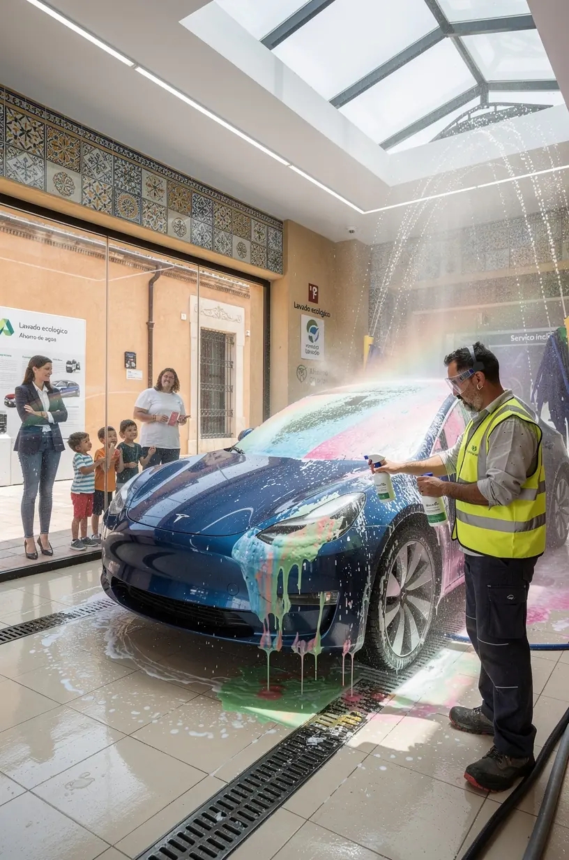 Imagen general de complejo automotriz mostrando diferentes áreas de servicio: reparación, repuestos, detailing y atención al cliente.
