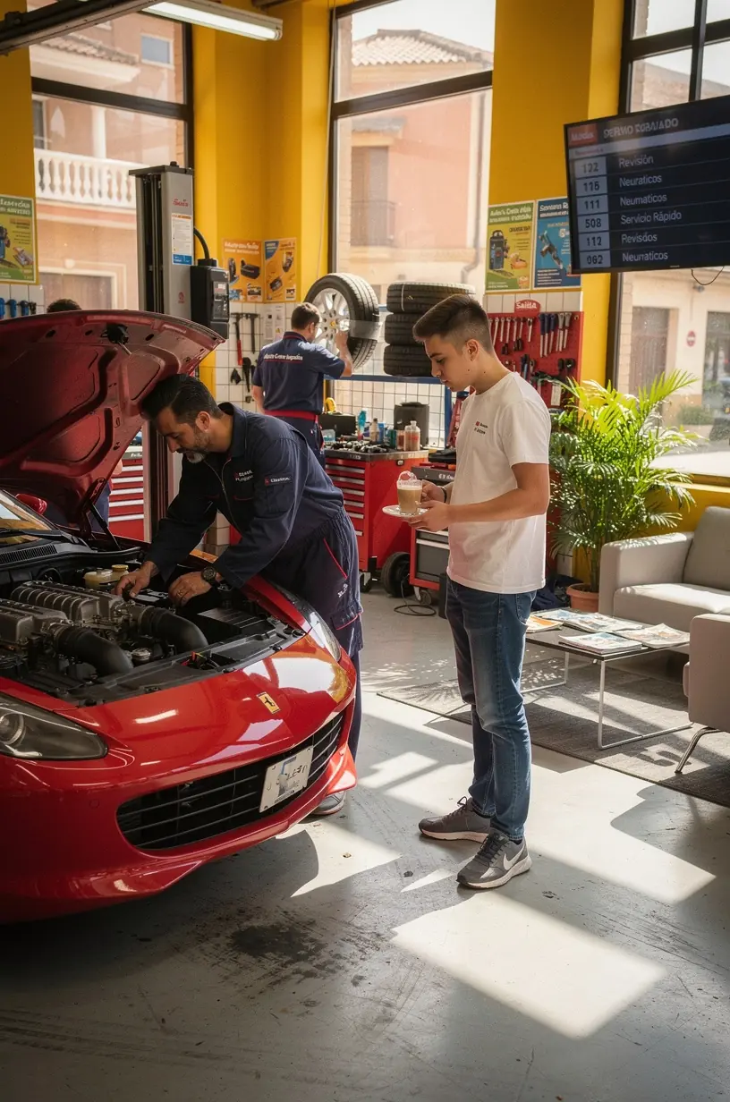 Personal de atención al cliente asesorando a propietario de coche sobre repuestos originales y servicios disponibles.